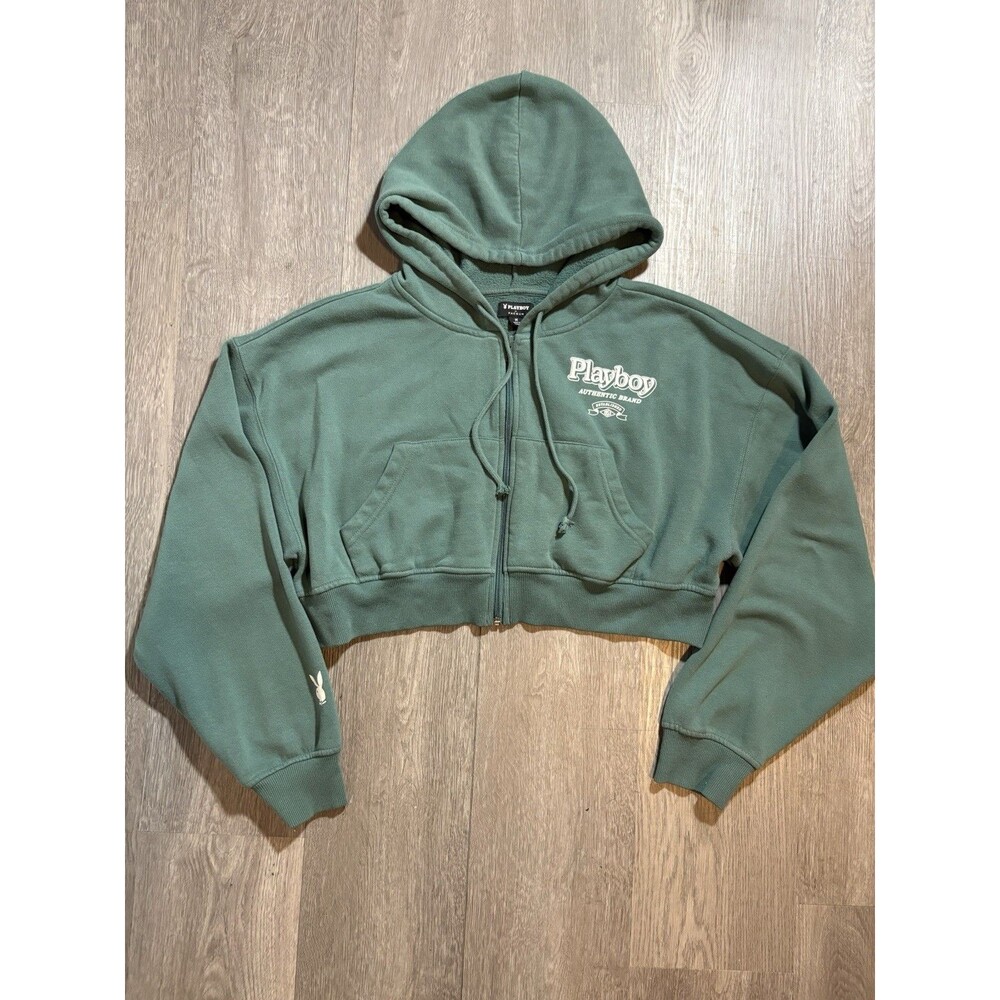 Playboy by PacSun Cropped Sweatshirt Womens Medium Green Fleece Lined Cotton